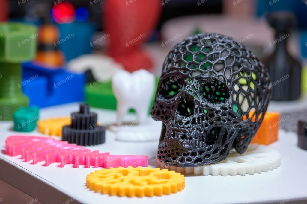 Colorful 3D-printed objects including a lattice skull and mechanical parts