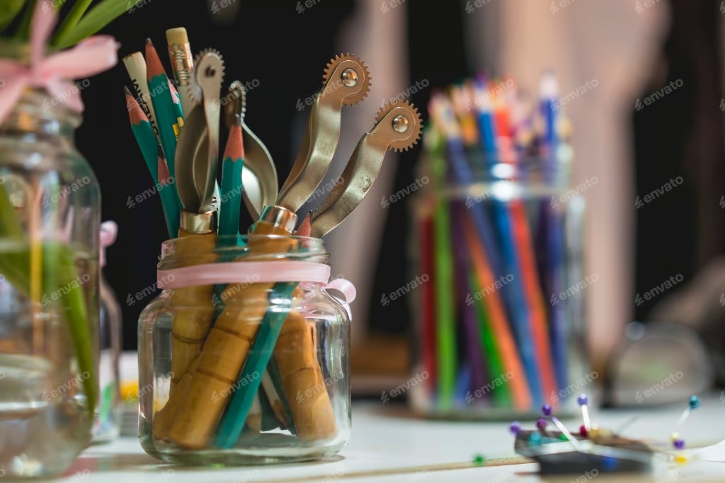 Glass jar of pencils and pattern tracing wheels beside colorful sewing pins