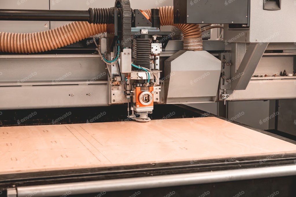 CNC router head positioned over a sheet of plywood
