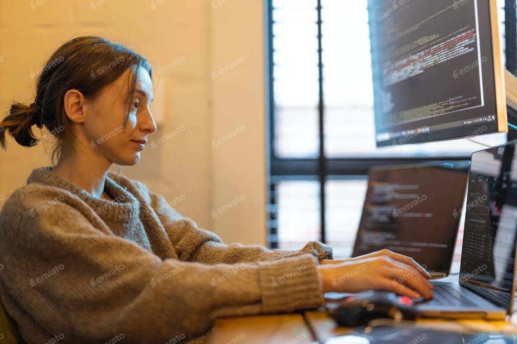 Developer typing code on a laptop with additional monitors showing source code
