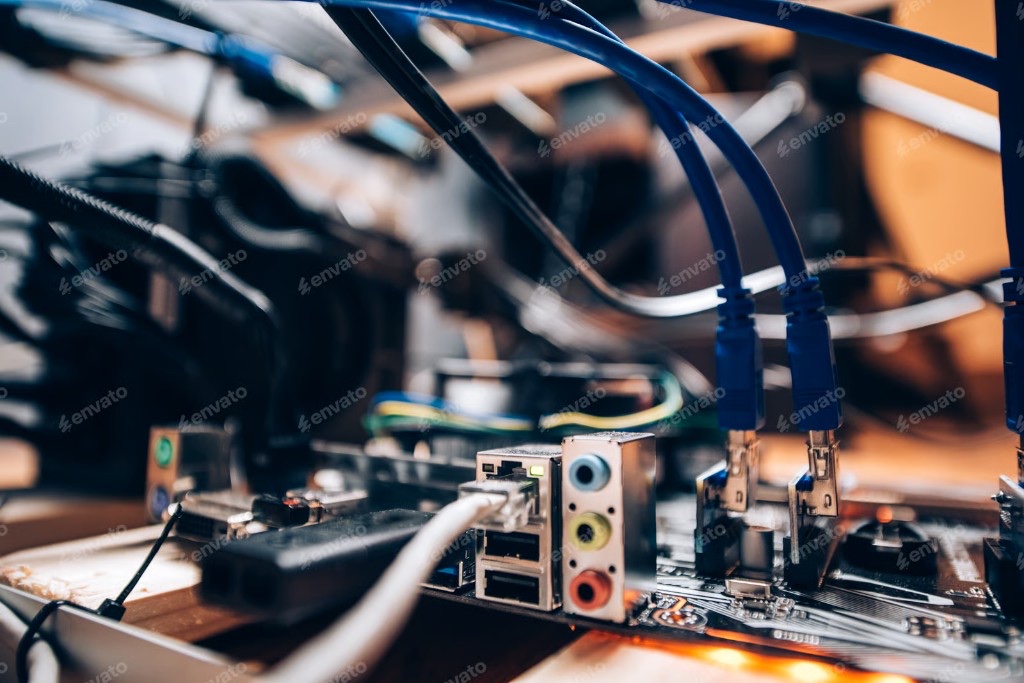 Close-up of a computer motherboard with network and USB cables connected