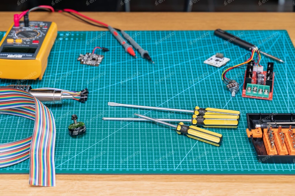 Electronics workbench with soldering stations, oscilloscope, power supplies, and tools