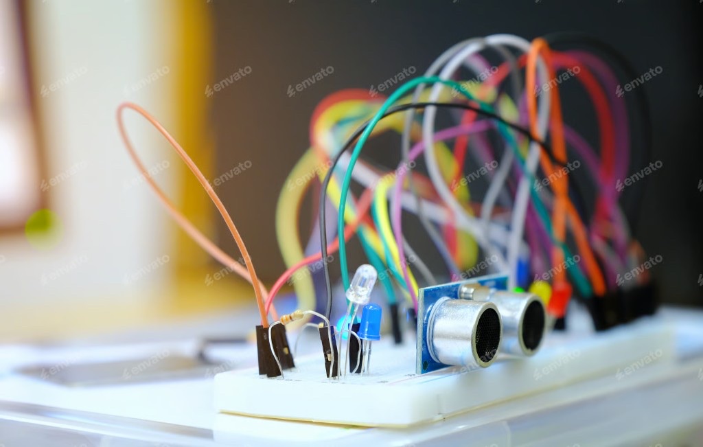 Breadboard prototype with jumper wires, LEDs, and an ultrasonic sensor