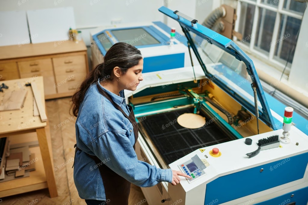A maker operating a laser cutter control panel in the workshop