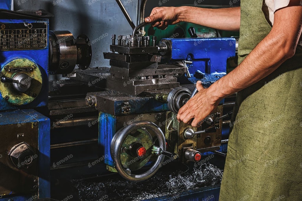 Maker operating the controls of a blue metal lathe