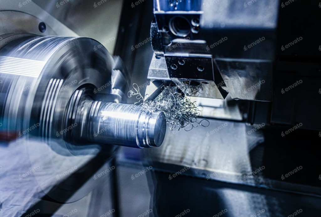 Close-up of a metal lathe cutting a spinning workpiece with curling shavings