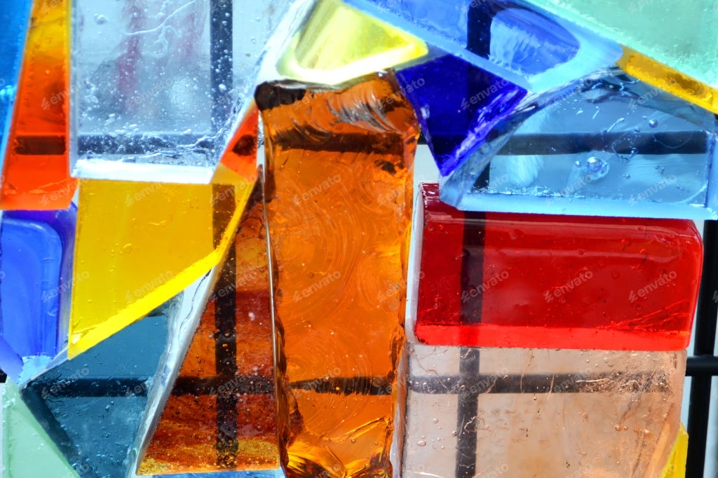Close-up of colorful chunky stained glass blocks in a dark framework