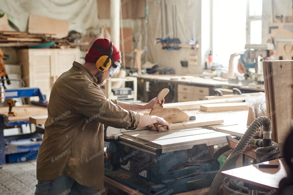 Maker guiding wood through a table saw with a push stick