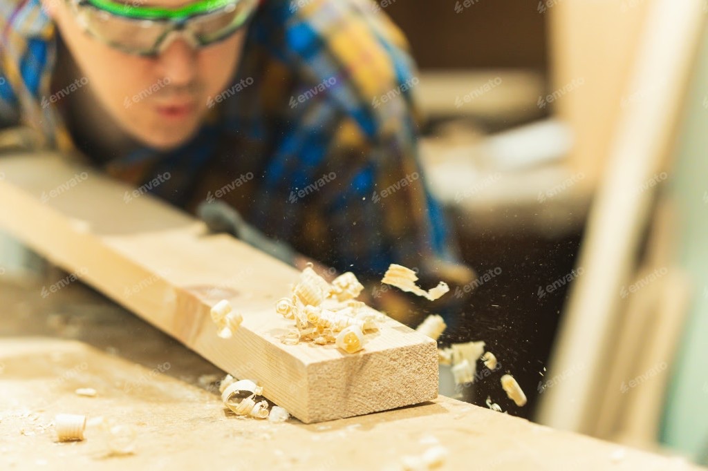 Close-up of wood shavings blown from a freshly worked board